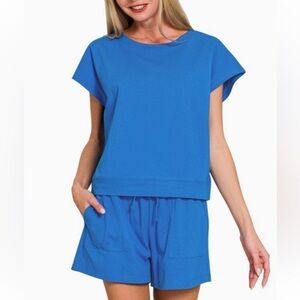 Premium Cotton Top & Short Set- Ocean Blue
